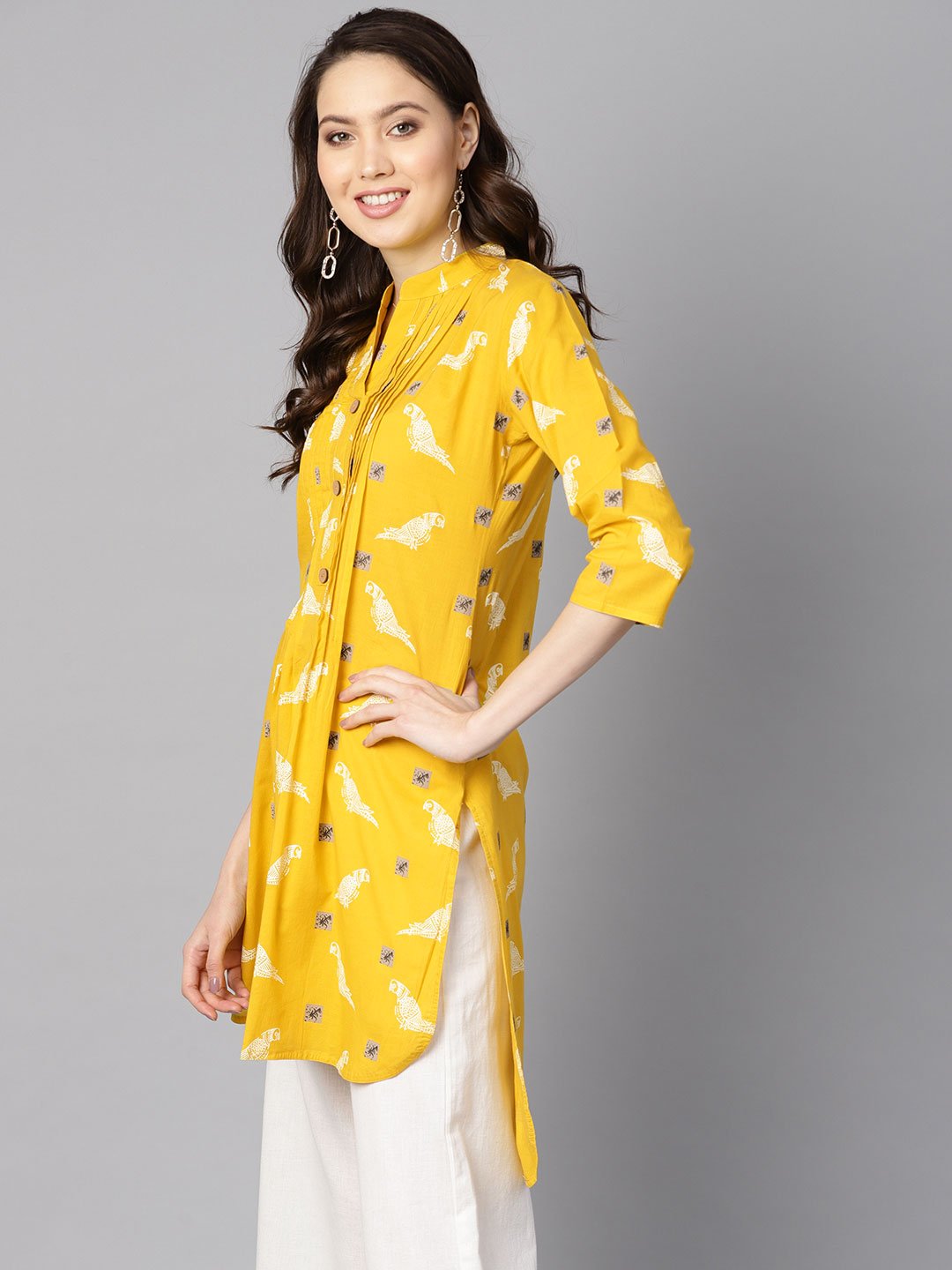 Women's Mustard Yellow White Khadi Bird Print Kurta With Pleats Detailing - Nayo Clothing