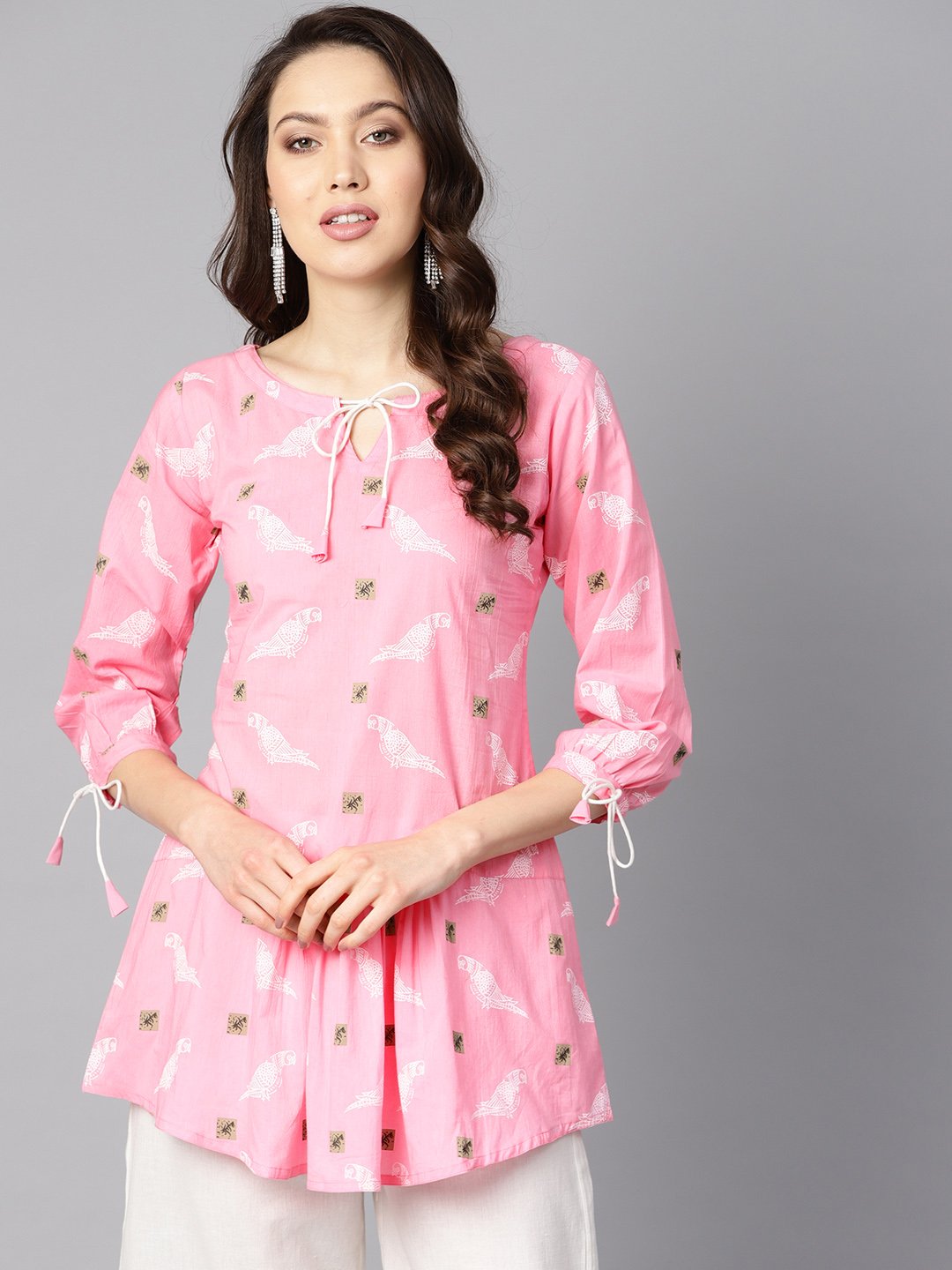 Women's Bird Print White Khadi Light Pink Tunic With Dori Detailing - Nayo Clothing
