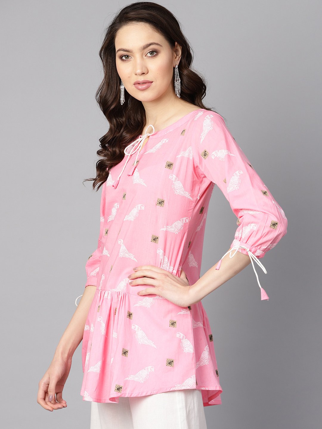Women's Bird Print White Khadi Light Pink Tunic With Dori Detailing - Nayo Clothing