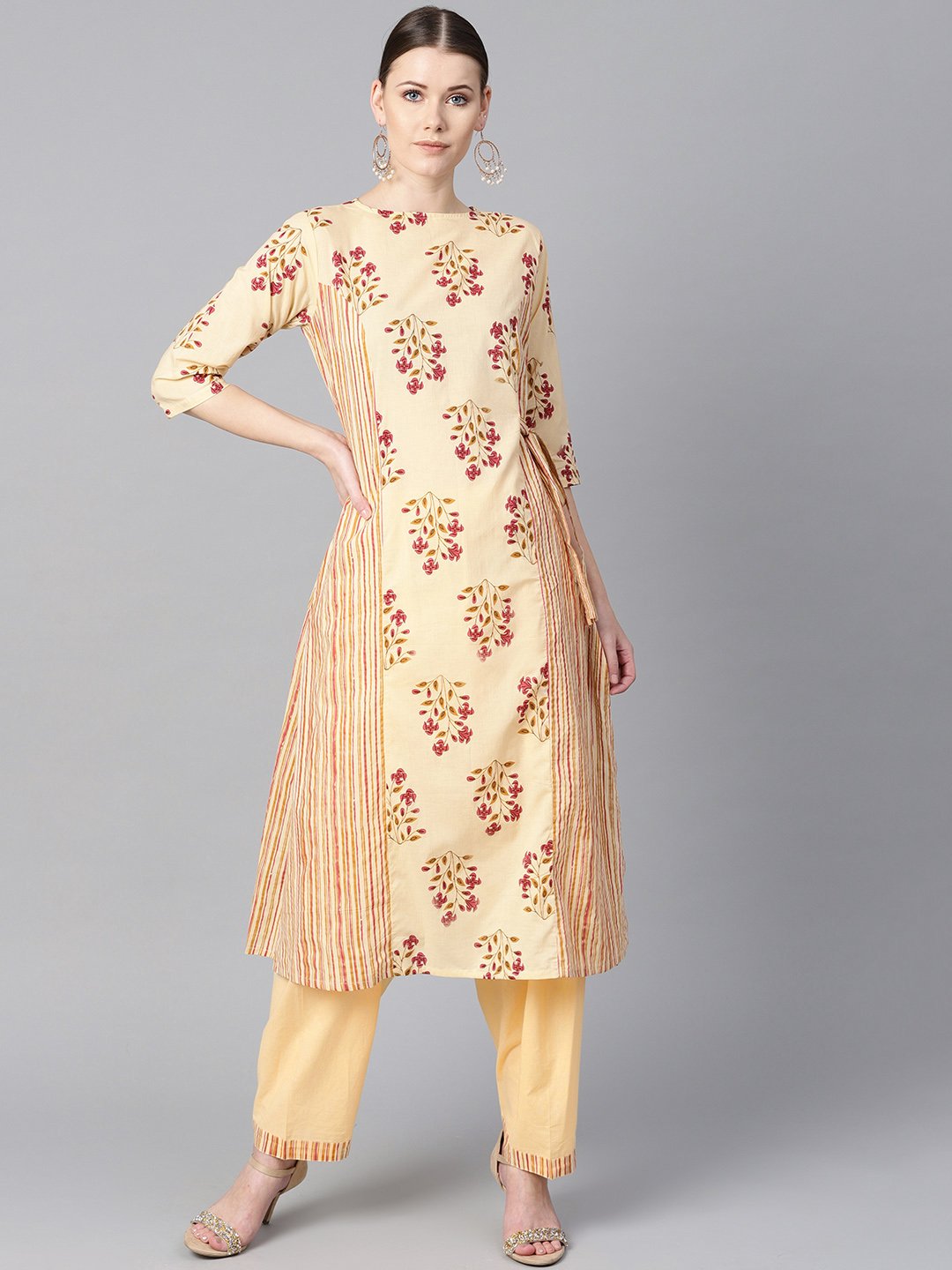 Women's Floral Printed Kurta With Striped Panels With Solid Light Beige Salwar - Nayo Clothing