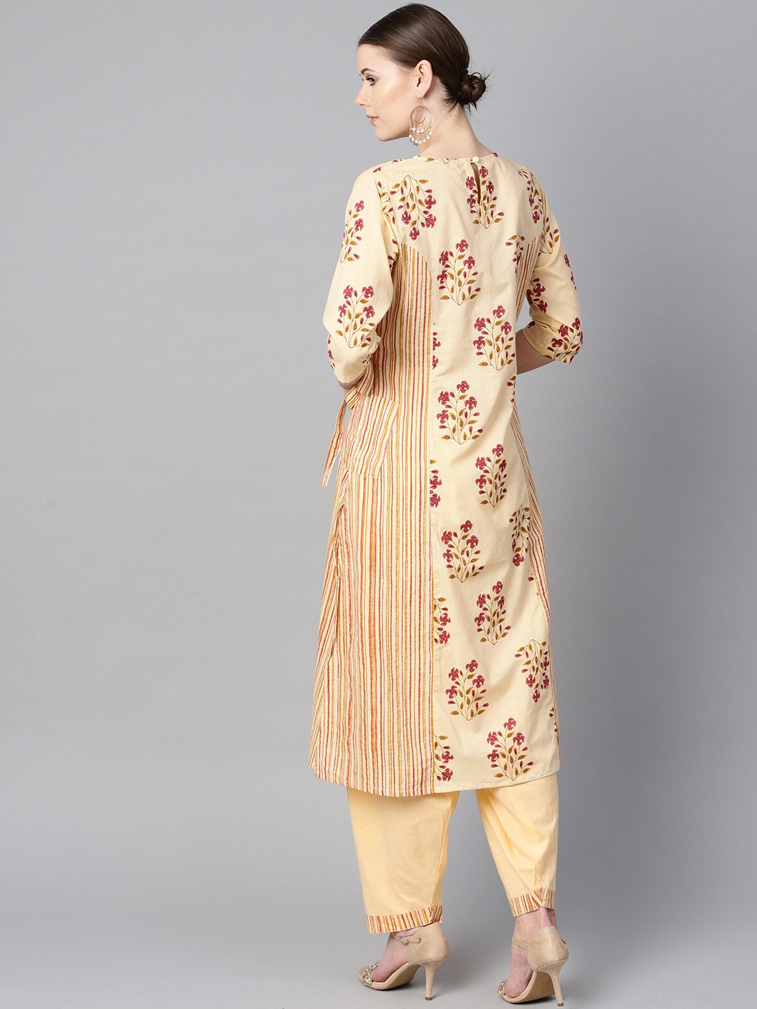 Women's Floral Printed Kurta With Striped Panels With Solid Light Beige Salwar - Nayo Clothing