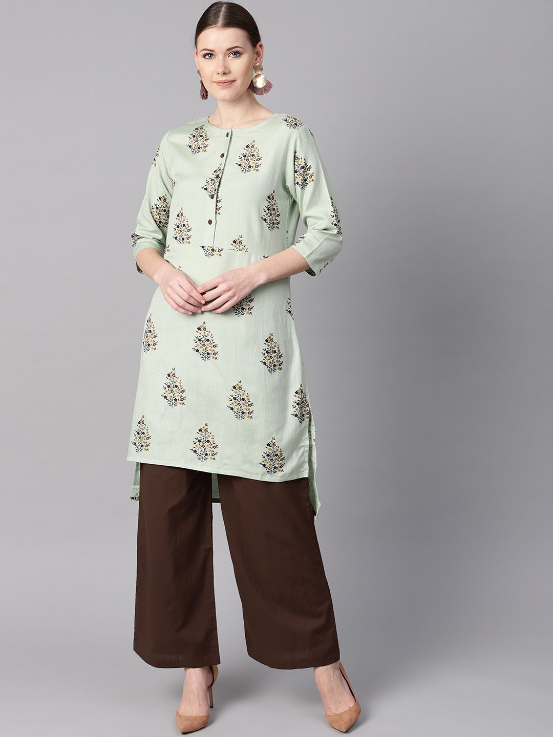 Women's Floral Printed Assymetrical Kurta With Solid Chocolate Brown Palazzo - Nayo Clothing