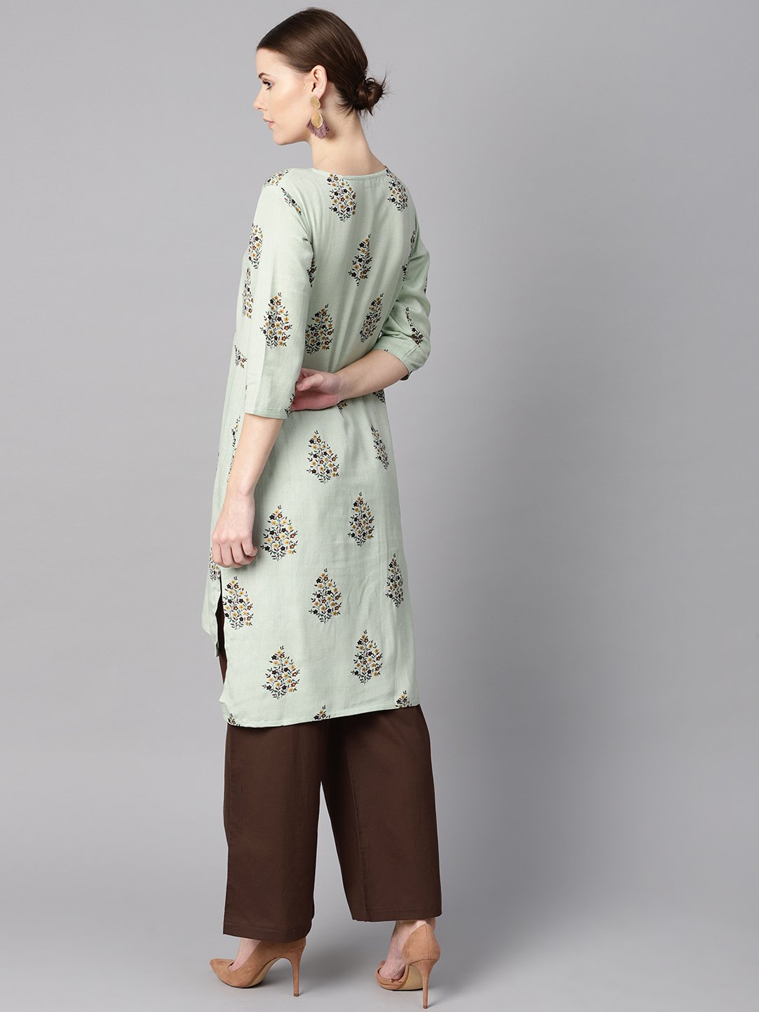 Women's Floral Printed Assymetrical Kurta With Solid Chocolate Brown Palazzo - Nayo Clothing