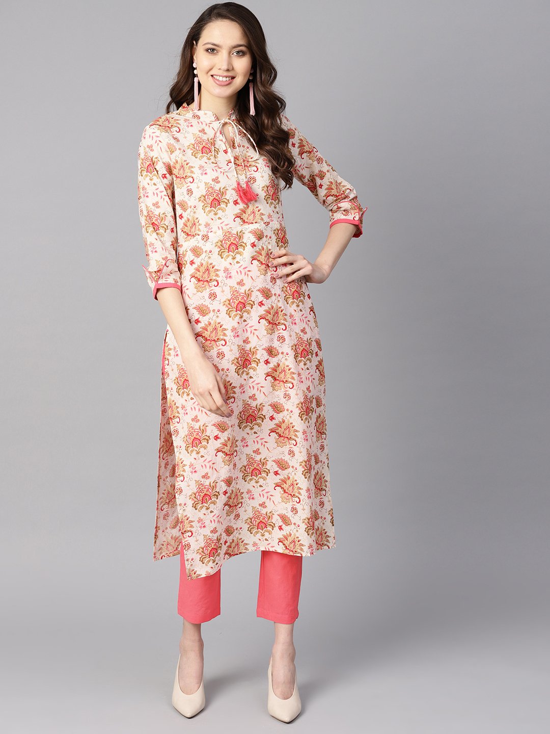 Women's Multi Colored Floral Printed Straight Kurta With Detailed Cuff With Solid Pink Pants - Nayo Clothing