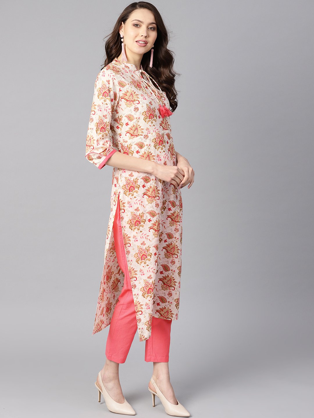 Women's Multi Colored Floral Printed Straight Kurta With Detailed Cuff With Solid Pink Pants - Nayo Clothing