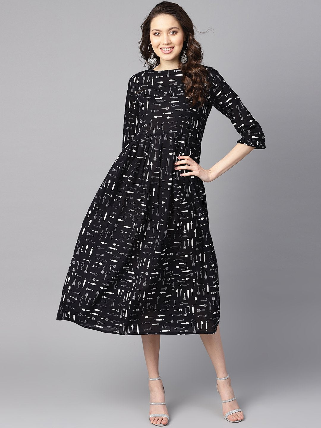 Women's Quirky Spoon Print Box Pleated Dress With Frilled Sleeves - Nayo Clothing