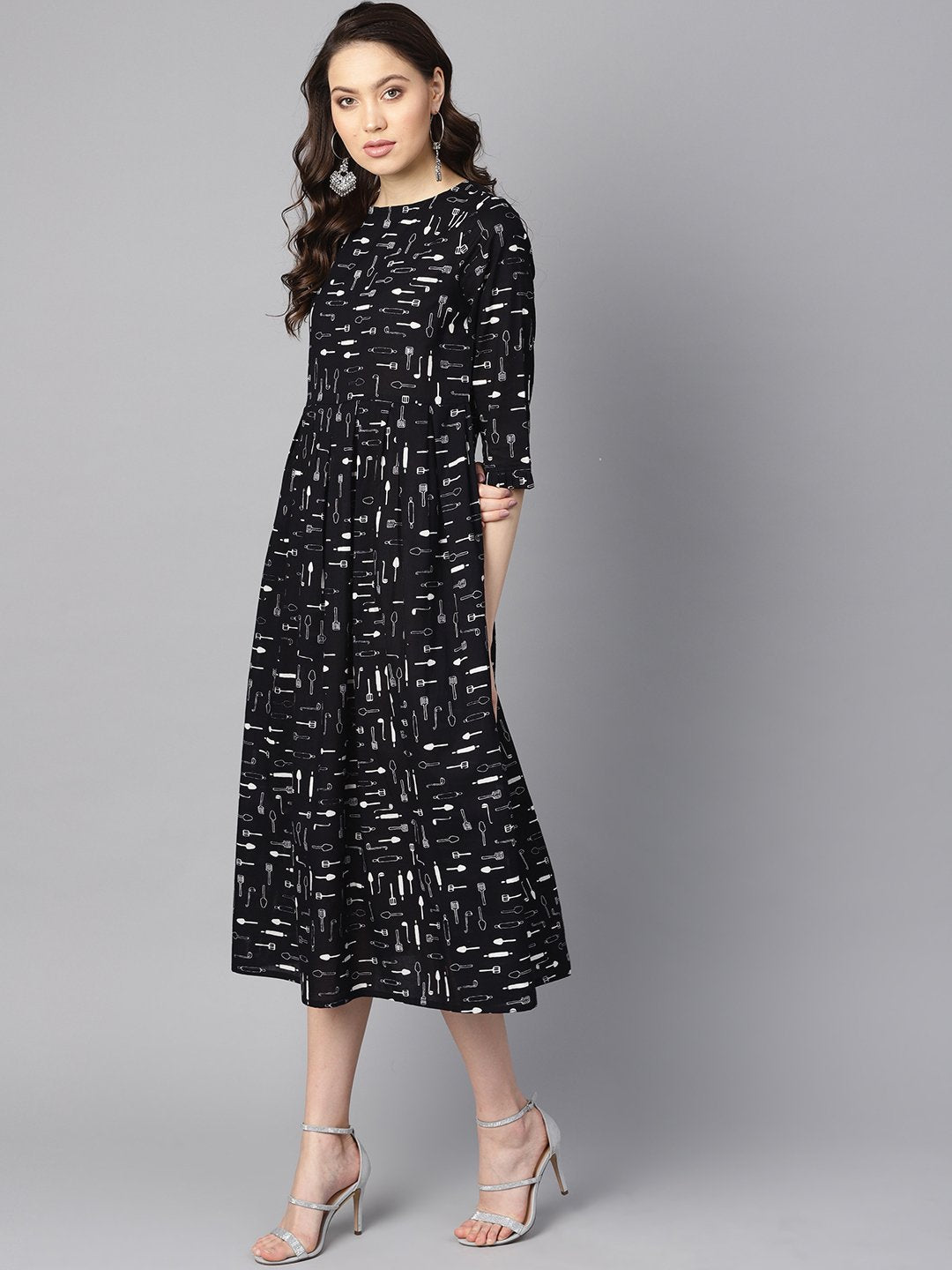 Women's Quirky Spoon Print Box Pleated Dress With Frilled Sleeves - Nayo Clothing