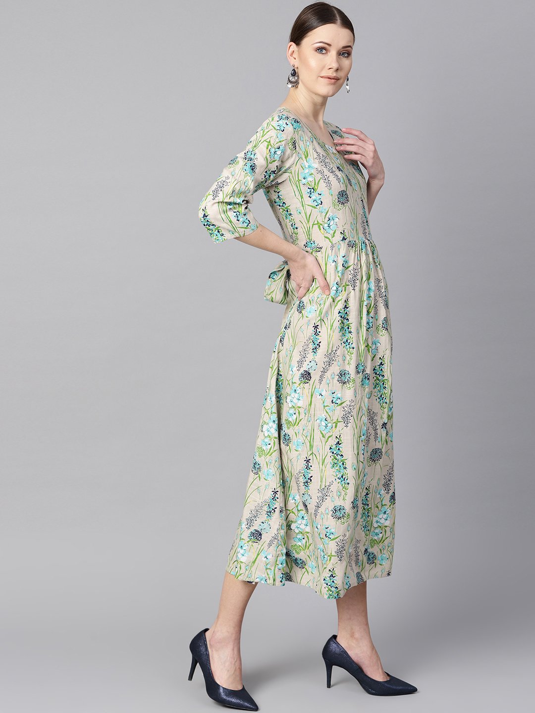 Women's Floral Print Dress With Gathers In Centre With A Belt At The Back - Nayo Clothing