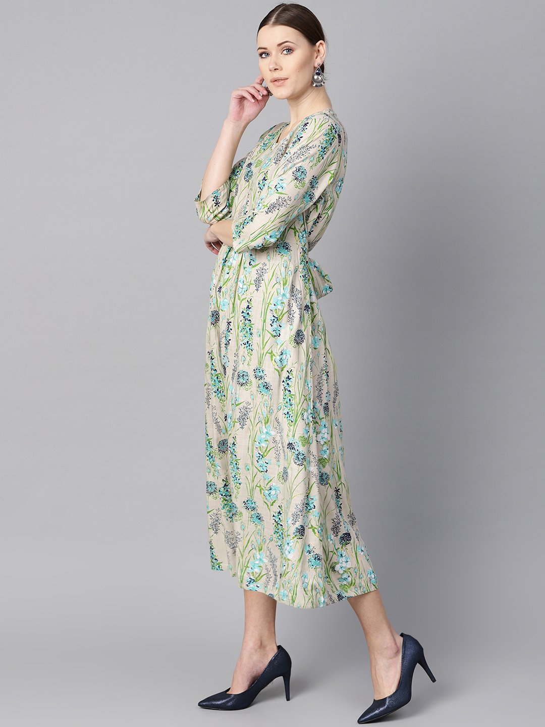 Women's Floral Print Dress With Gathers In Centre With A Belt At The Back - Nayo Clothing