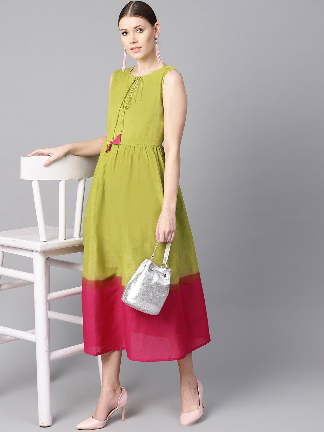 Women's Ombre Dye Green & Pink Dress With Button And Dori Detailing - Nayo Clothing