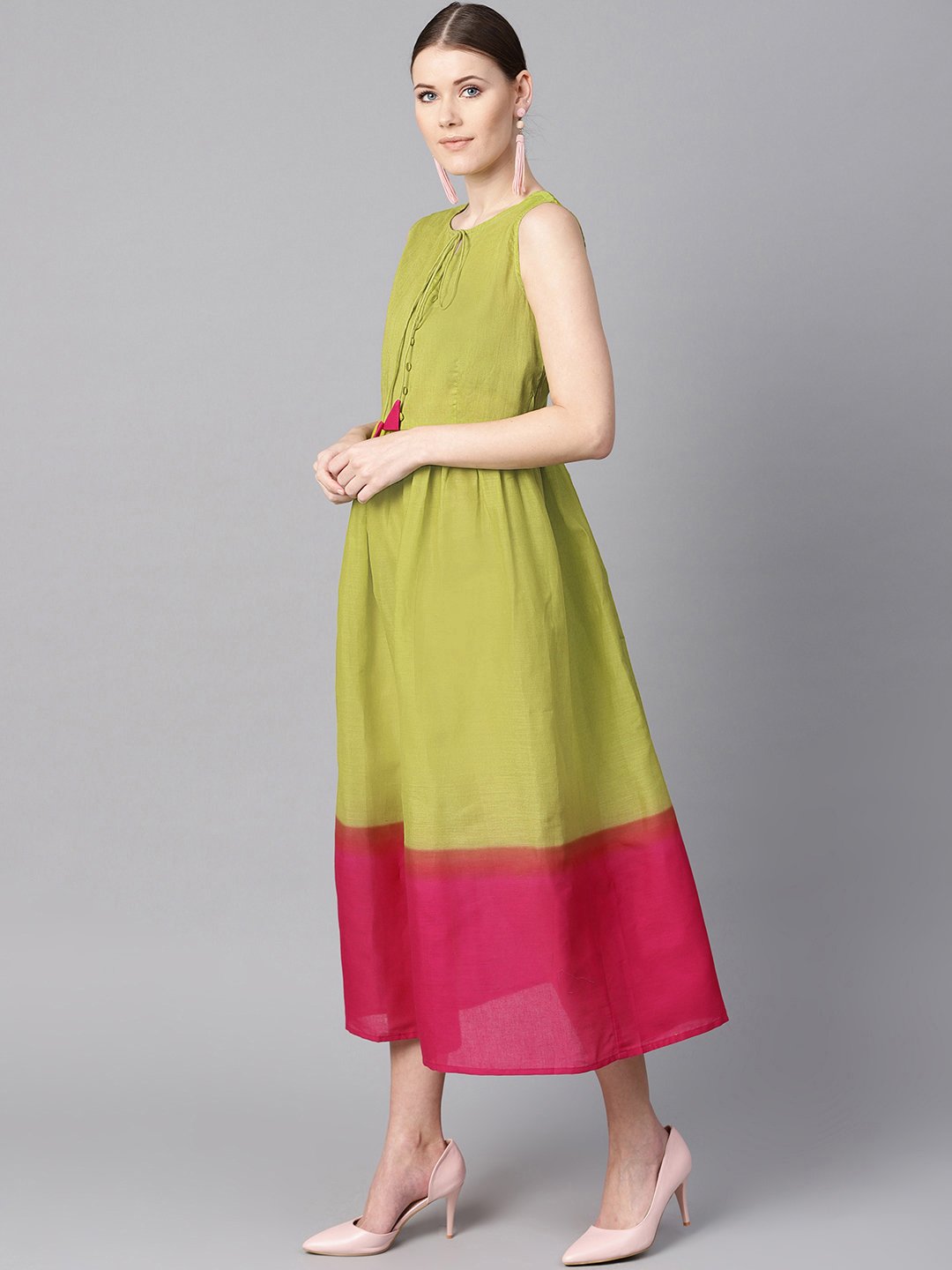Women's Ombre Dye Green & Pink Dress With Button And Dori Detailing - Nayo Clothing