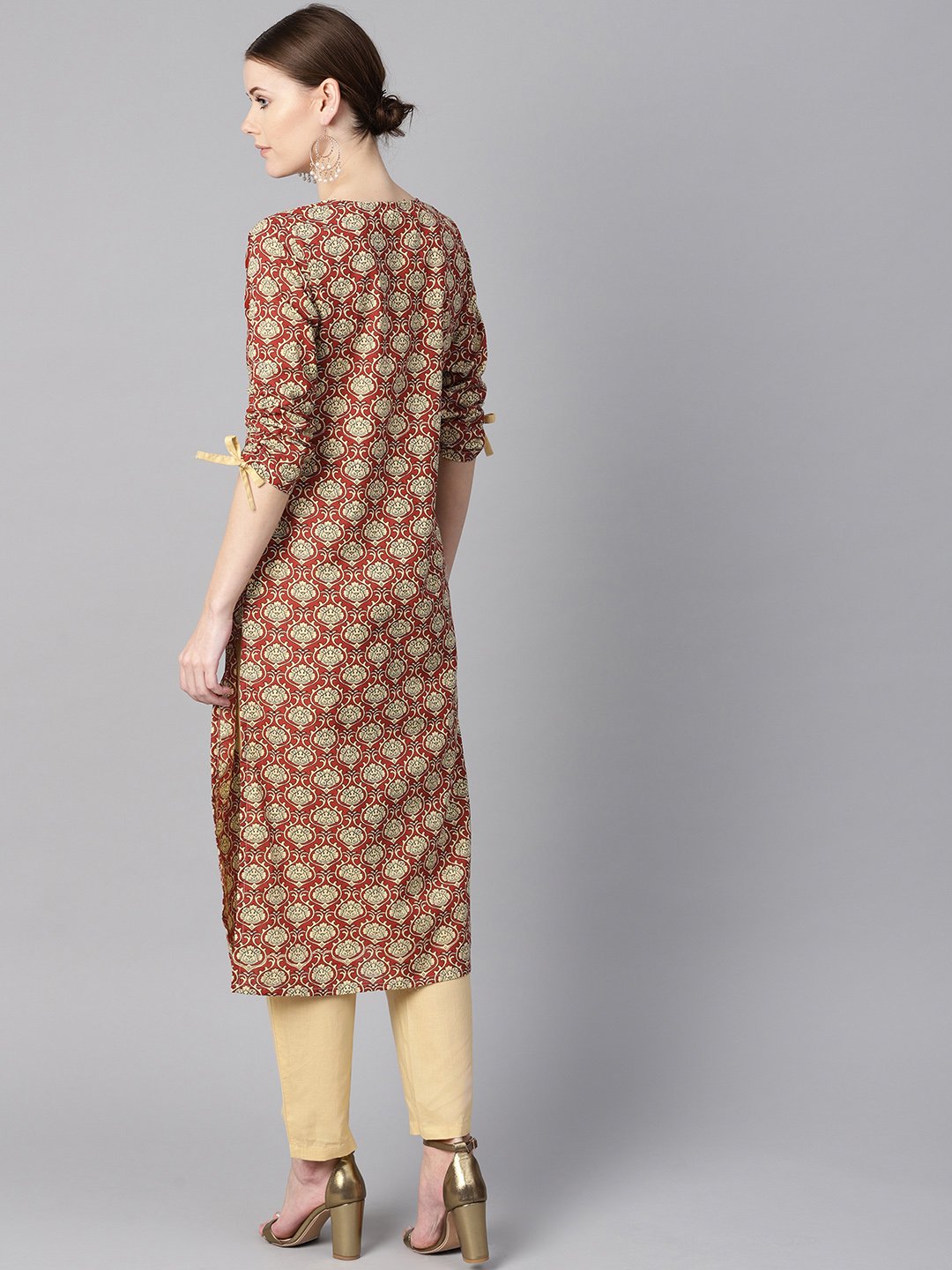Women's Maroon Floral Printed Kurta With Draw String Detailed Sleeves And Pale Yellow Pants - Nayo Clothing