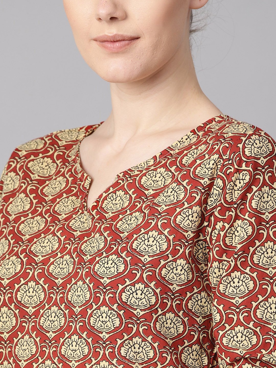 Women's Maroon Floral Printed Kurta With Draw String Detailed Sleeves And Pale Yellow Pants - Nayo Clothing