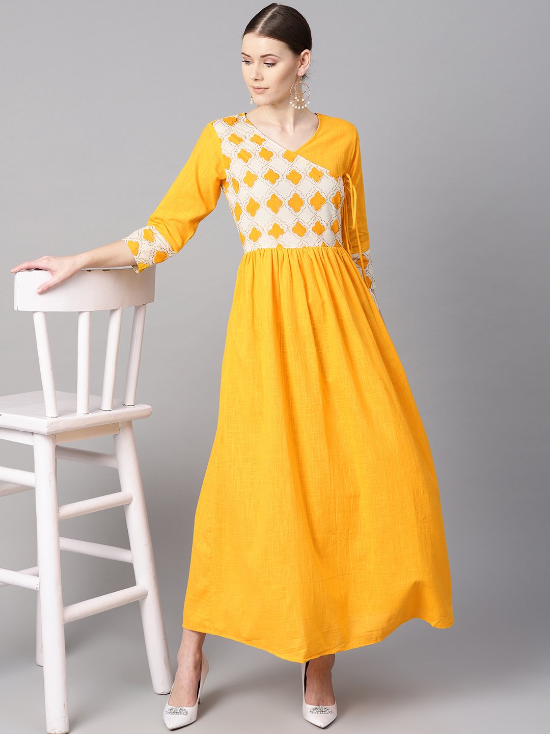 Women's Printed Yoke Angrakha Style 3/4Th Sleeve Yellow Colored Maxi. - Nayo Clothing