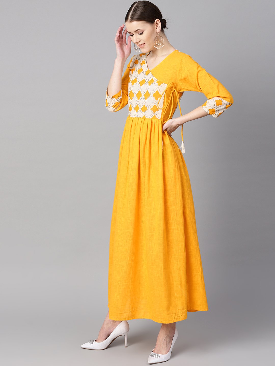 Women's Printed Yoke Angrakha Style 3/4Th Sleeve Yellow Colored Maxi. - Nayo Clothing