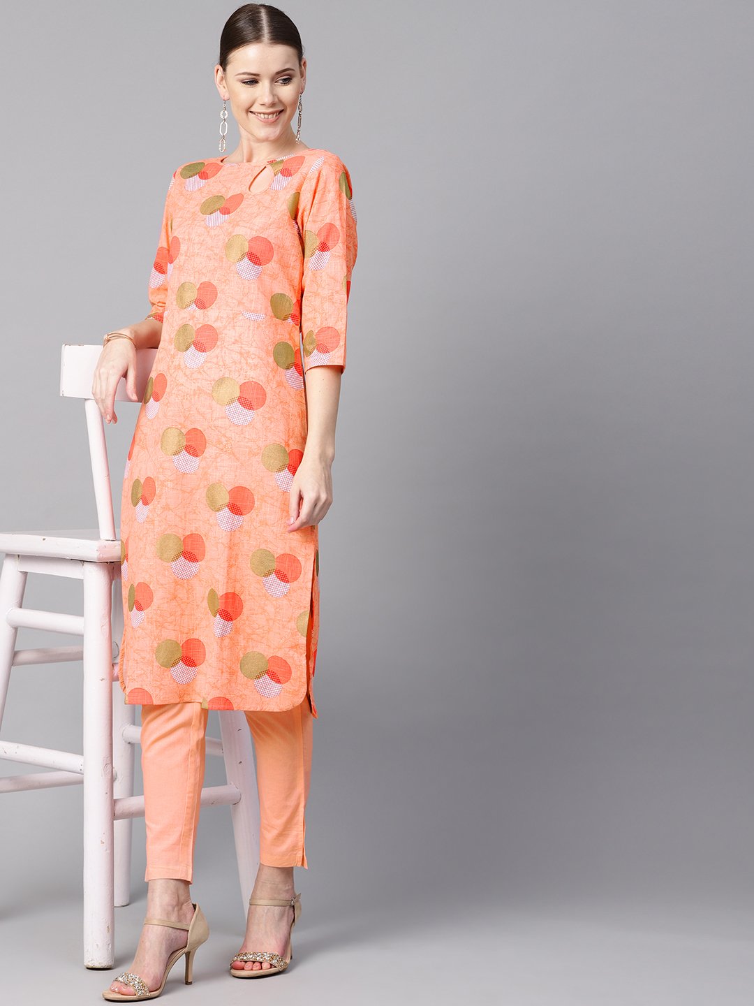 Women's Peach Color Polka Dots Printed Boat Neck With Side Keyhole  3/4Th Sleeve Kurta And Solid Cigratee Pants. - Nayo Clothing
