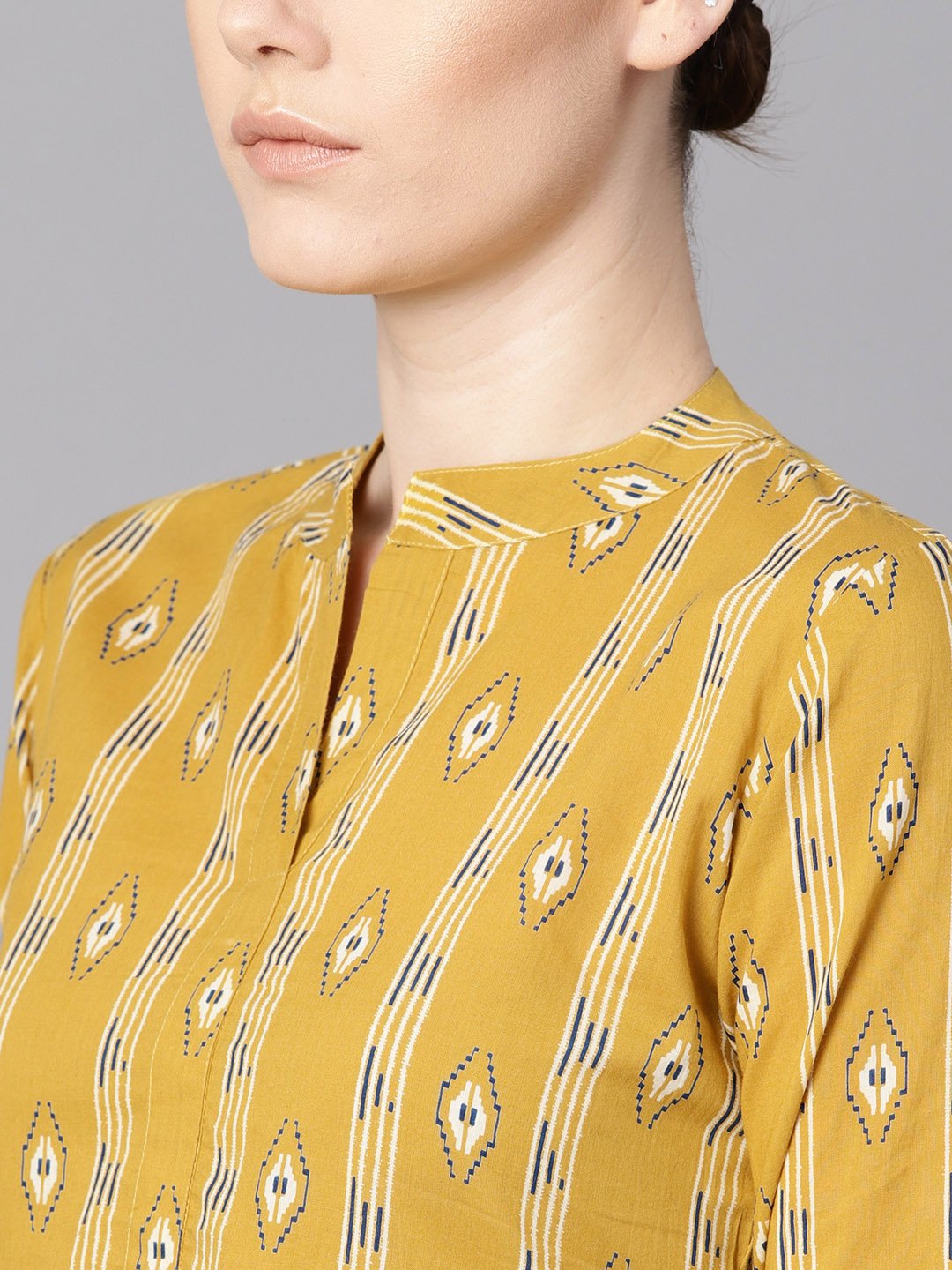 Women's Mustard Yellow Color Ikat Printed Chinese Collar Dress With Placket Opening. - Nayo Clothing