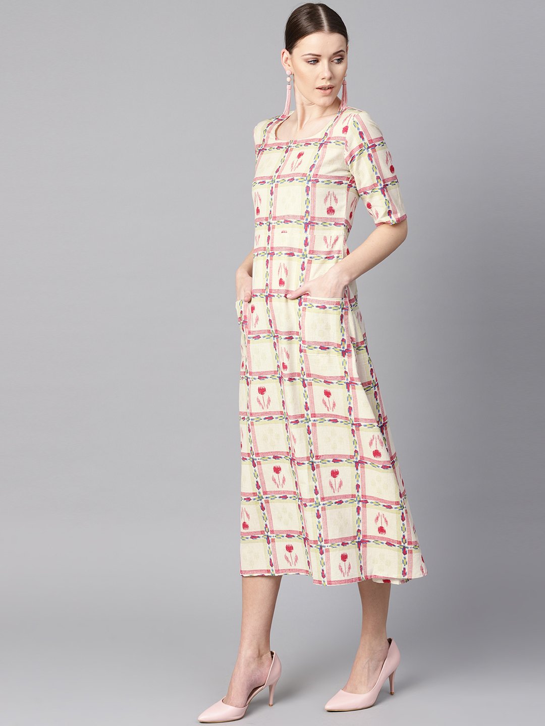 Women's White Floral Ikat Print Square Neck Aline Dress With Front Pockets. - Nayo Clothing