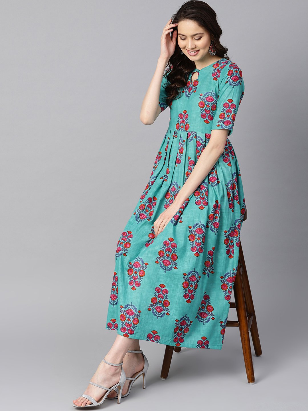 Women's Turqish Blue Color Printed Half Sleeve Pleated Maxi Dress With Deep Back And Tassel Detailing. - Nayo Clothing