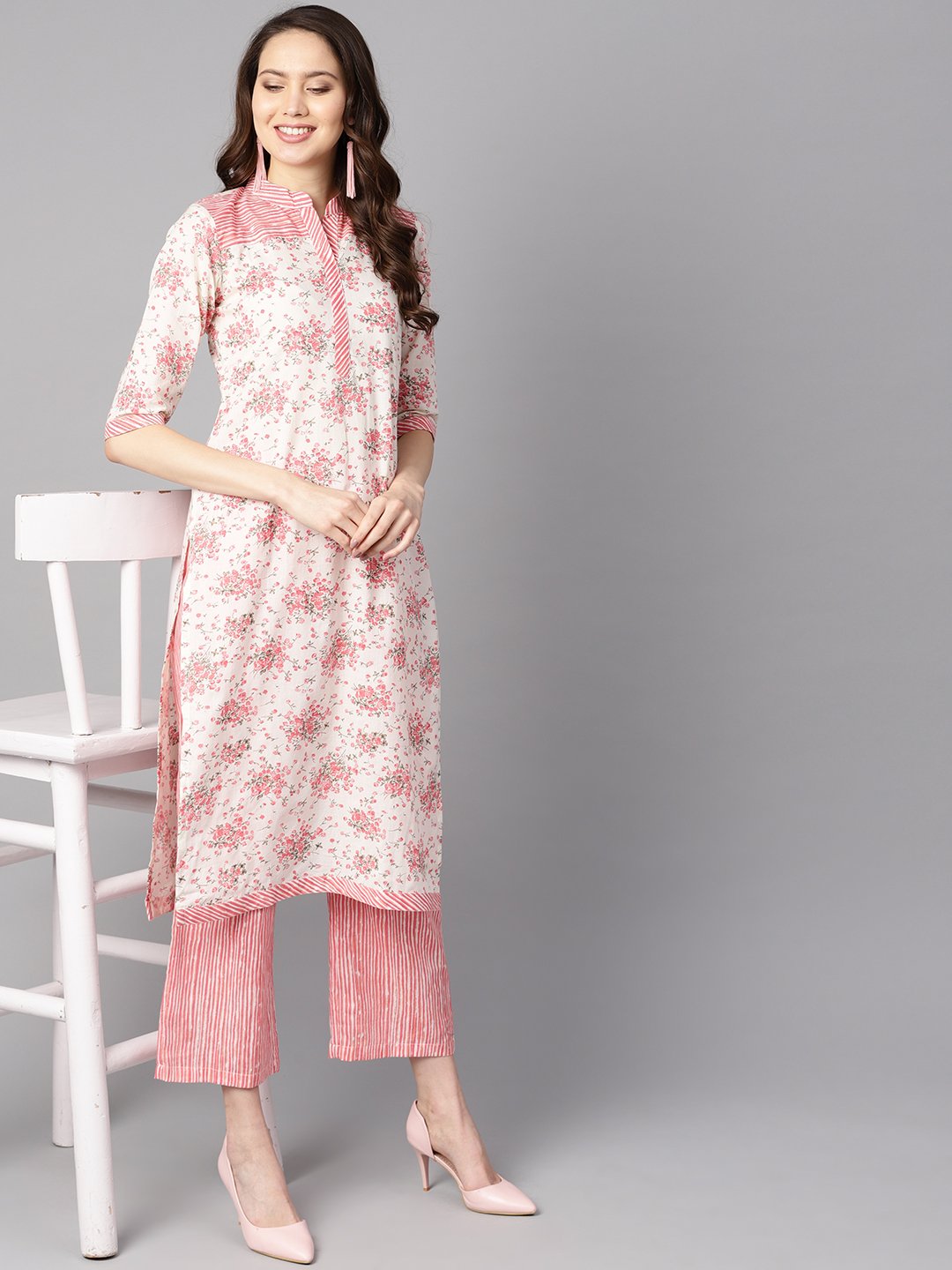 Women's Off-White Floral Printed Straight Kurta With Stripped Yoke And Cigratte Pants. - Nayo Clothing