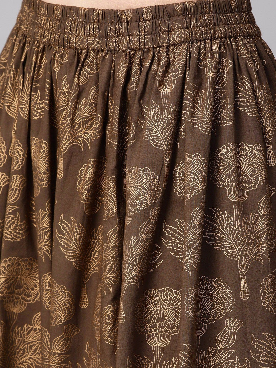Women's Maroon High-Low Gold Printed Kurta With Brown Printed Skirt - Nayo Clothing