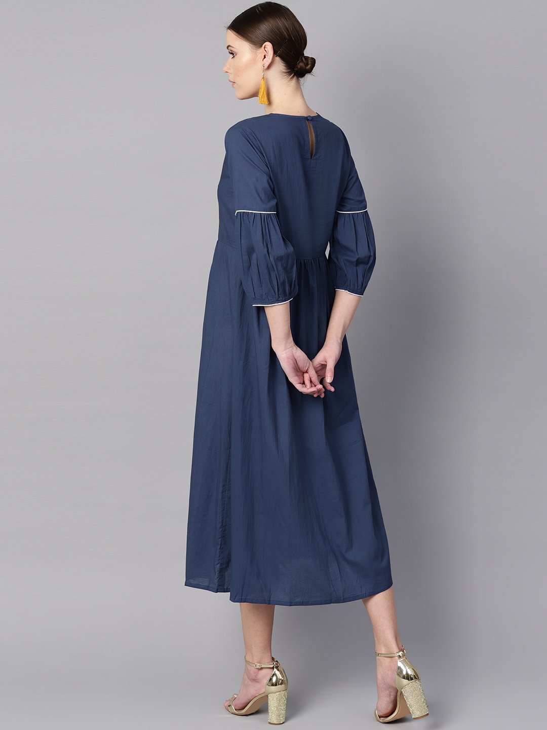 Women's Solid Blue Dress With Front Printed Yoke & Pleated Sleeves - Nayo Clothing