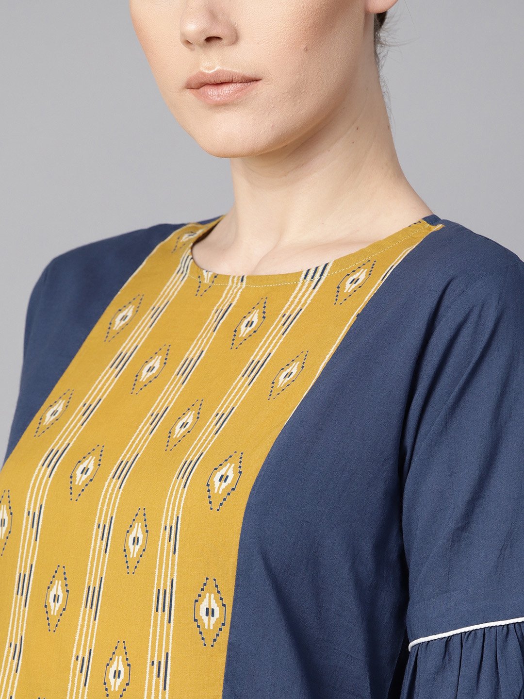 Women's Solid Blue Dress With Front Printed Yoke & Pleated Sleeves - Nayo Clothing