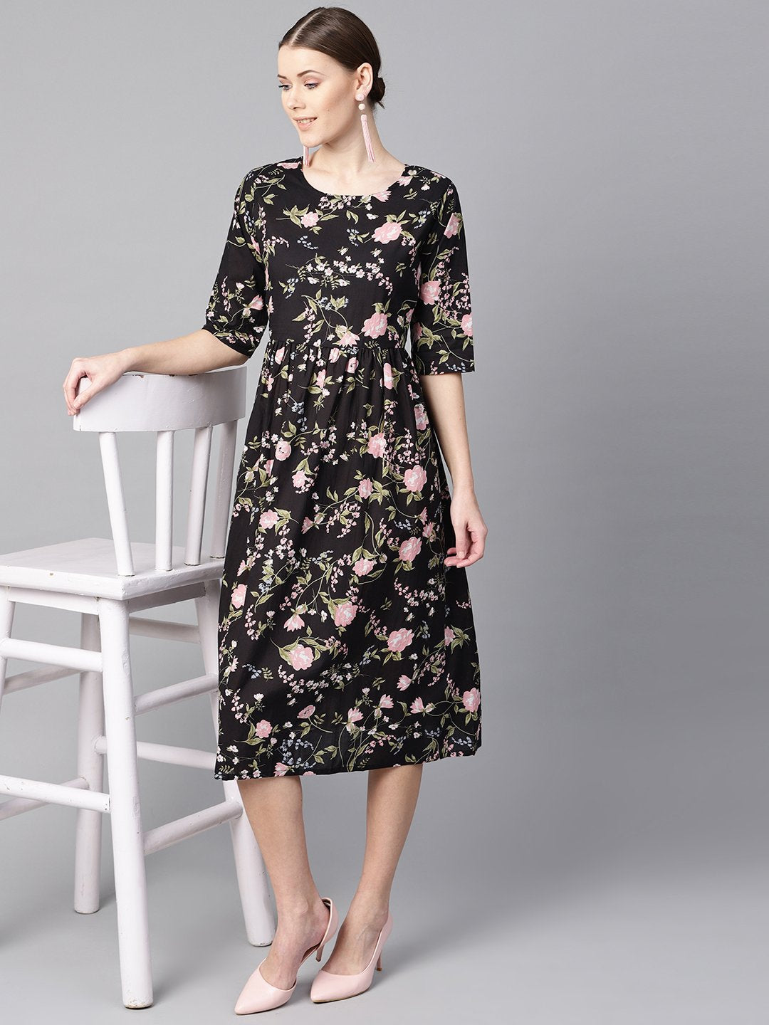 Women's Black Floral Dress With Round Neck & Half Sleeves - Nayo Clothing