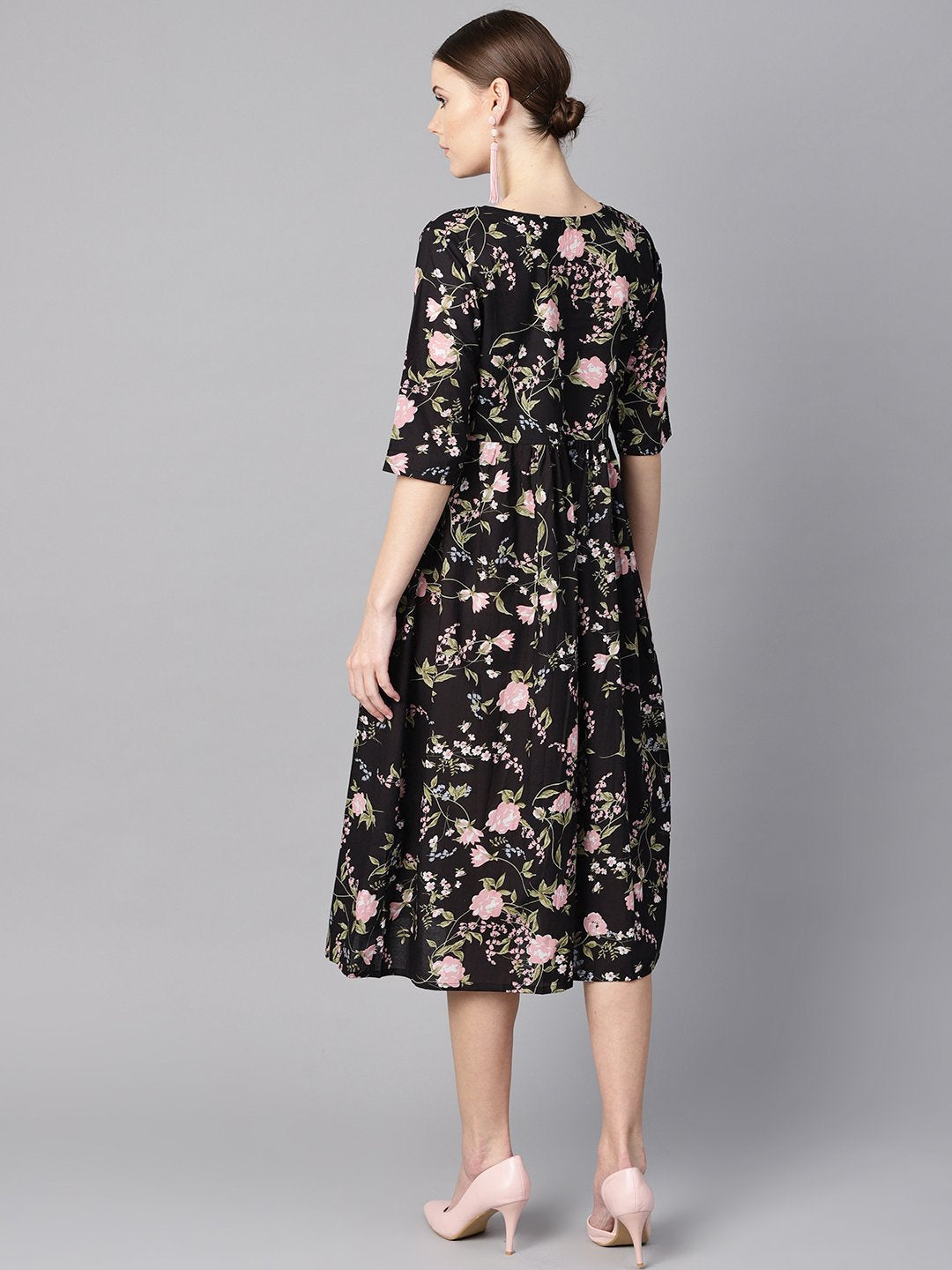 Women's Black Floral Dress With Round Neck & Half Sleeves - Nayo Clothing