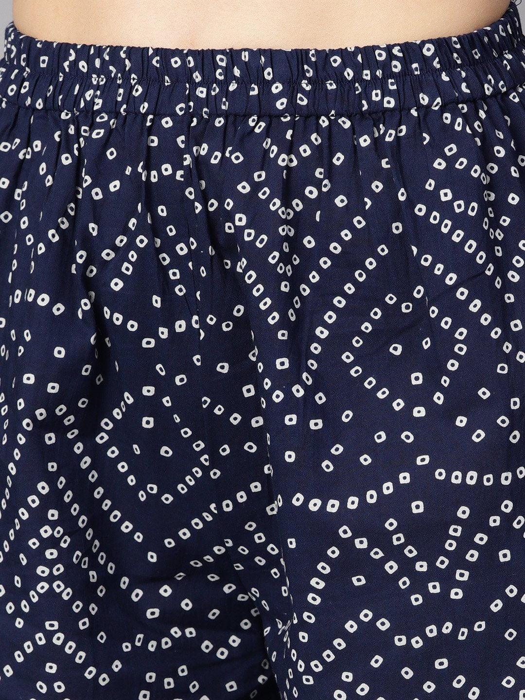 Women's Navy Blue Half Sleeve Bandhni Print Kurta With Front Printed Yoke - Nayo Clothing