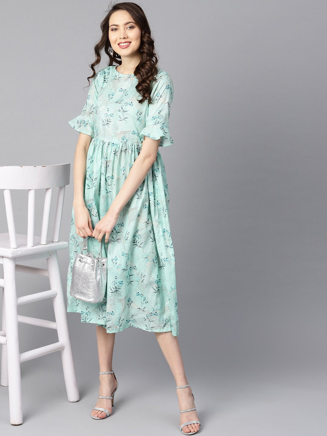 Women's Sky Blue Floral Printed Dress With Flared Sleeves - Nayo Clothing