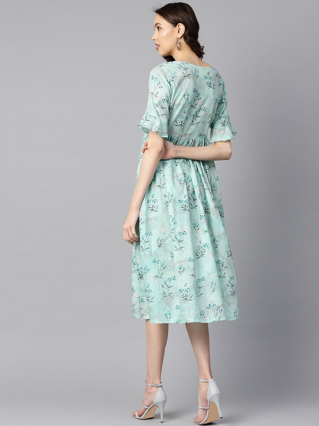 Women's Sky Blue Floral Printed Dress With Flared Sleeves - Nayo Clothing