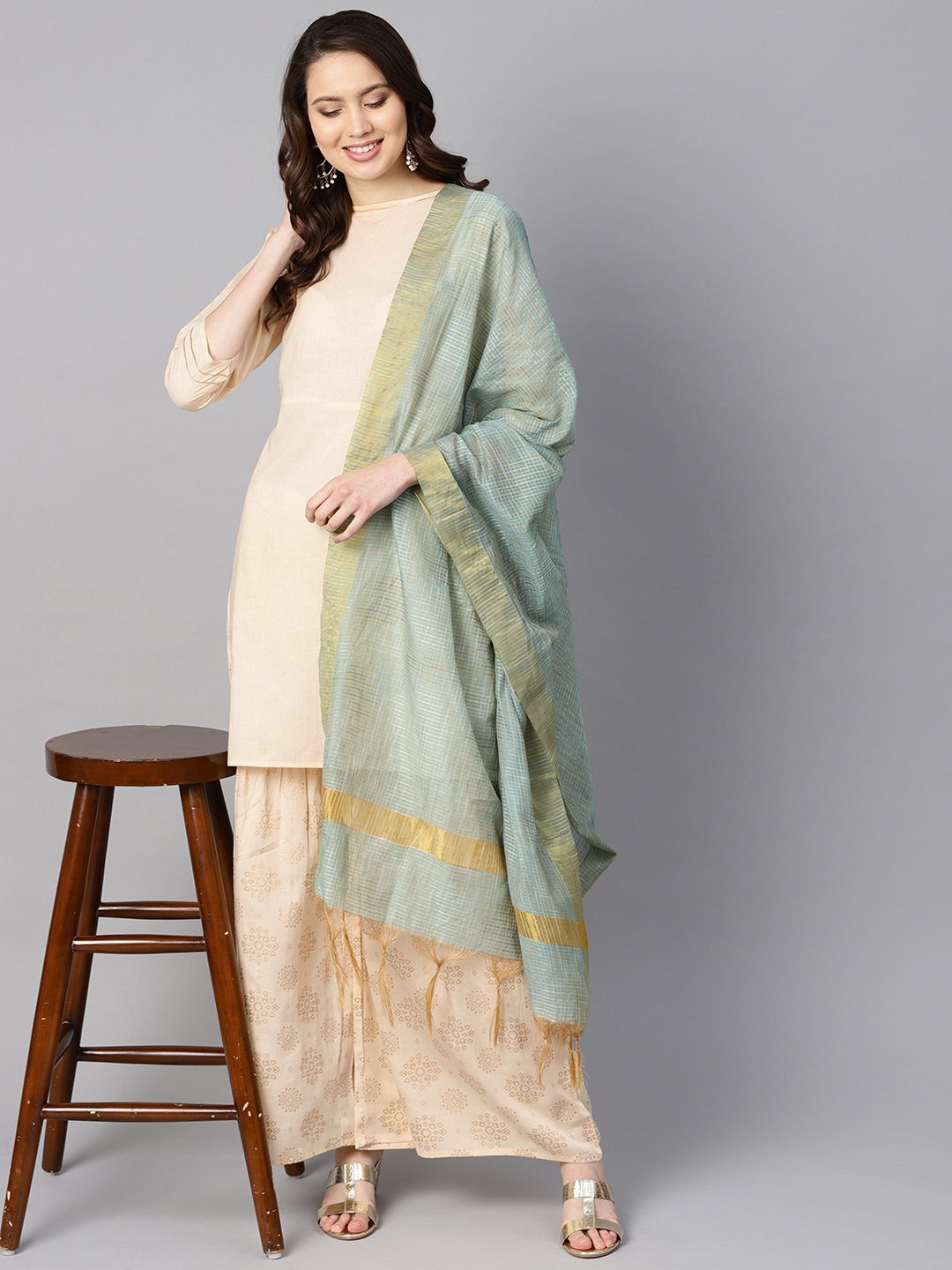 Women's Cream 3/4Th Sleeve Kurta Set With Gold Printed Sharara & Powder Blue Checked Dupatta - Nayo Clothing