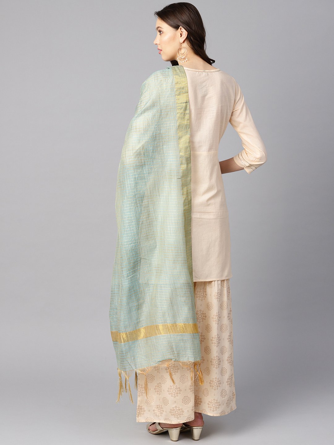 Women's Cream 3/4Th Sleeve Kurta Set With Gold Printed Sharara & Powder Blue Checked Dupatta - Nayo Clothing