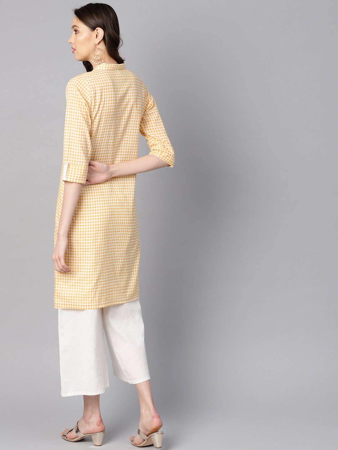 Women's Yellow & White Checked Kurta With Shirt Collar & 3/4 Sleeves - Nayo Clothing