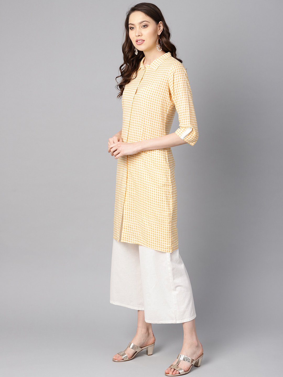 Women's Yellow & White Checked Kurta With Shirt Collar & 3/4 Sleeves - Nayo Clothing