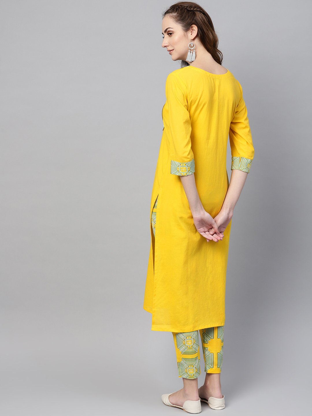 Women's Solid Yellow Kurta Set With Front Printed Yoke & Printed Pants - Nayo Clothing