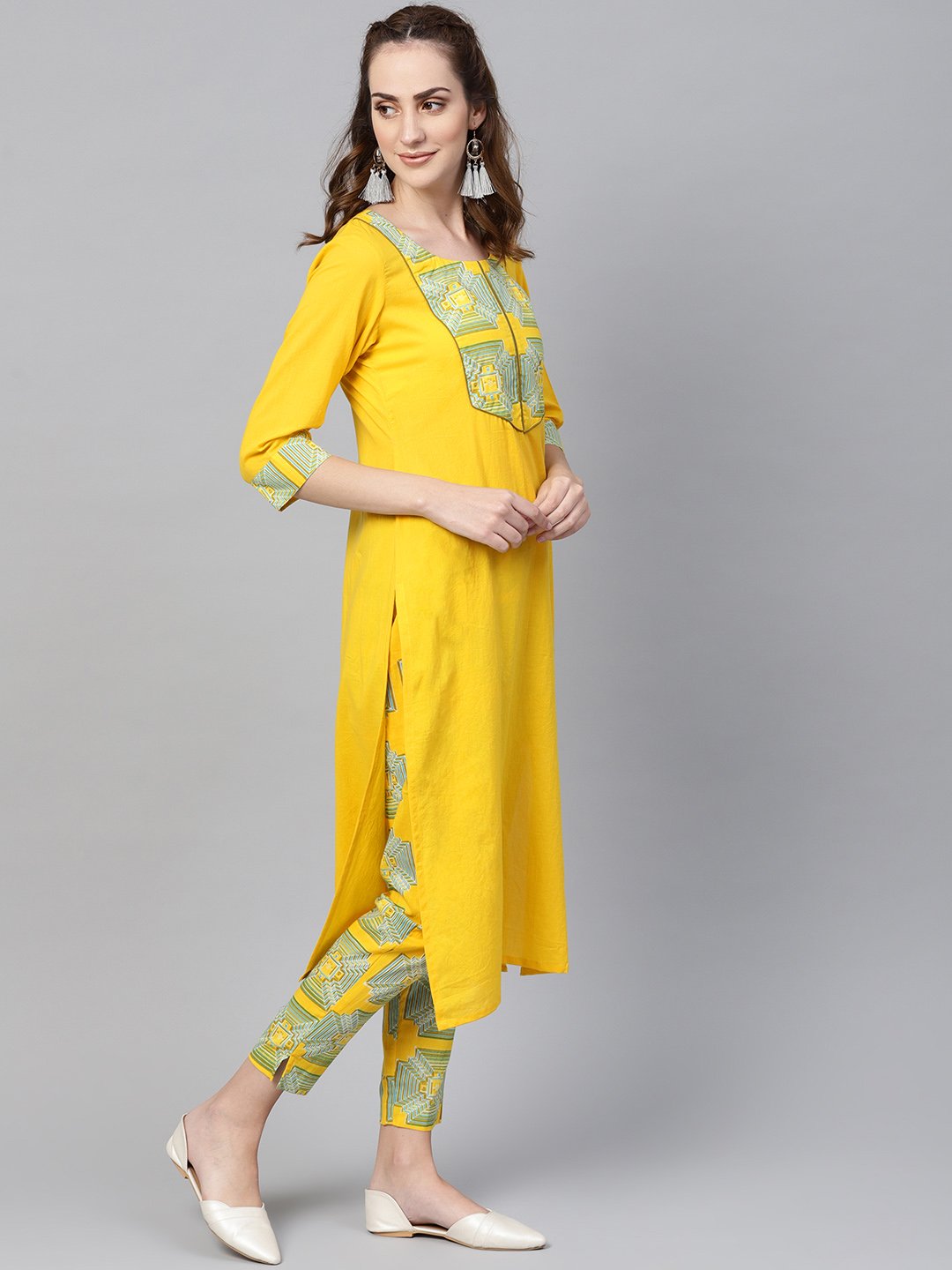 Women's Solid Yellow Kurta Set With Front Printed Yoke & Printed Pants - Nayo Clothing