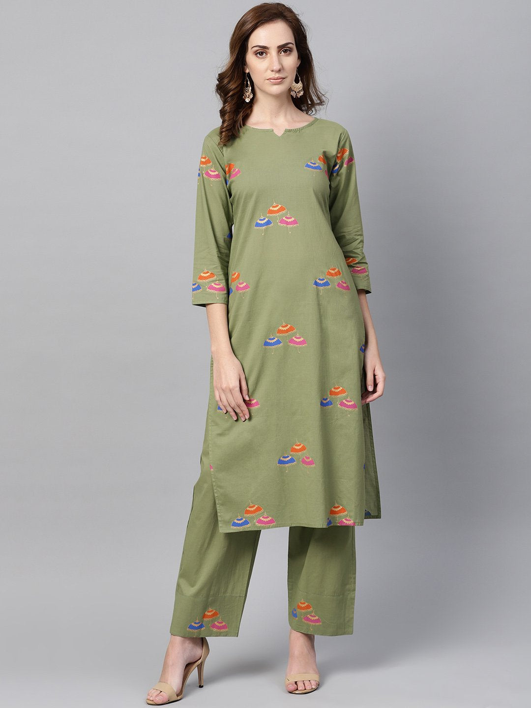 Women's Pistachio Green 3/4Th Sleeve Printed Kurta Set With Ankle Length Printed Pants - Nayo Clothing