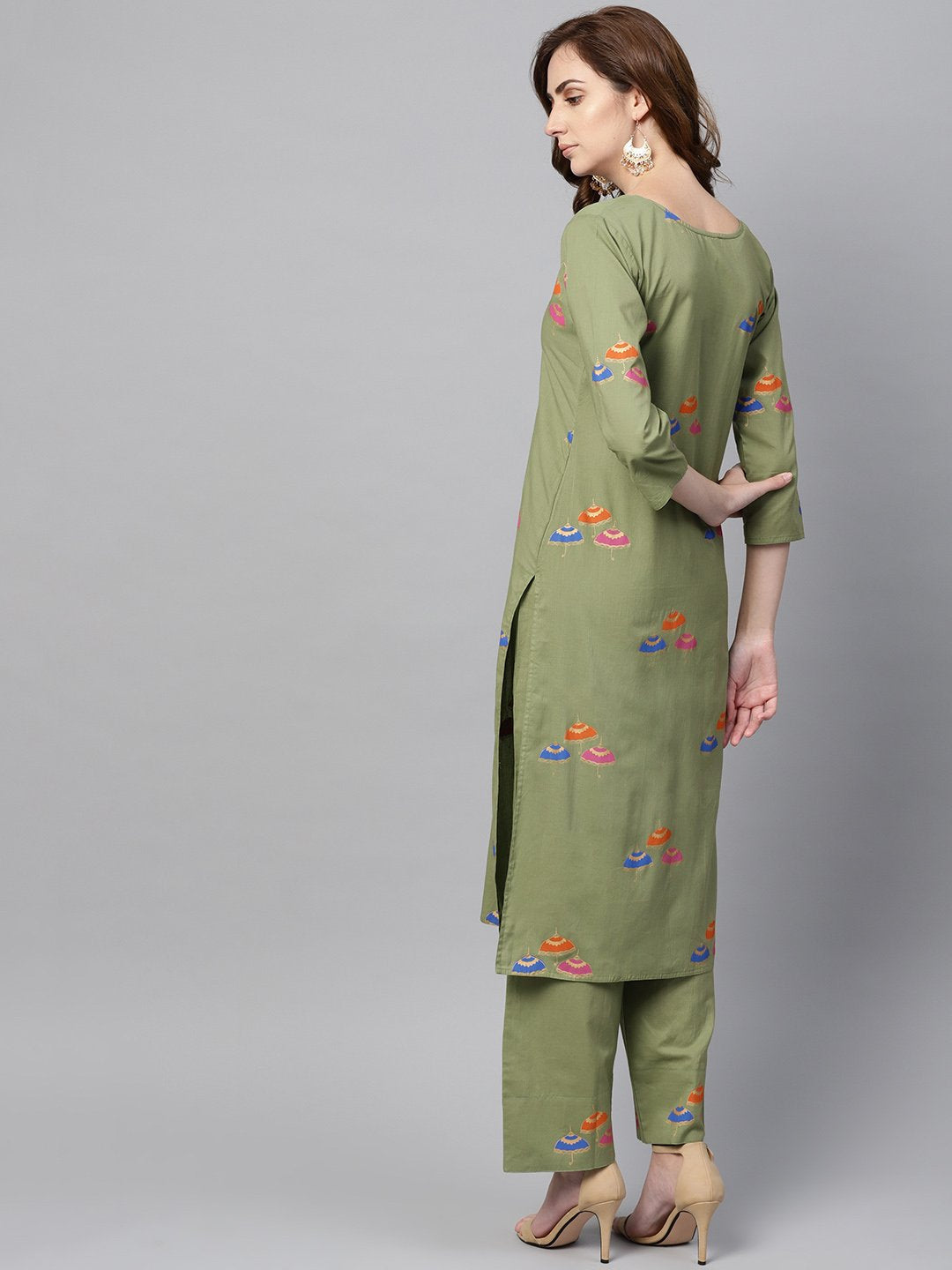 Women's Pistachio Green 3/4Th Sleeve Printed Kurta Set With Ankle Length Printed Pants - Nayo Clothing