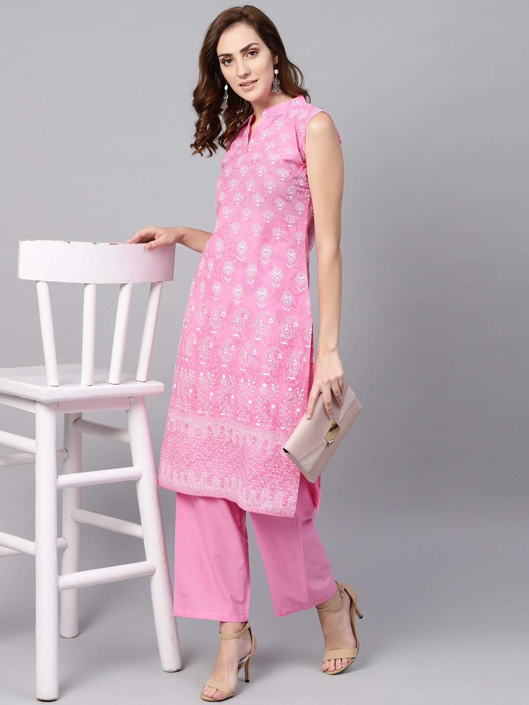 Women's Pink Printed Sleeveless Kurta Set With Solid Pants - Nayo Clothing