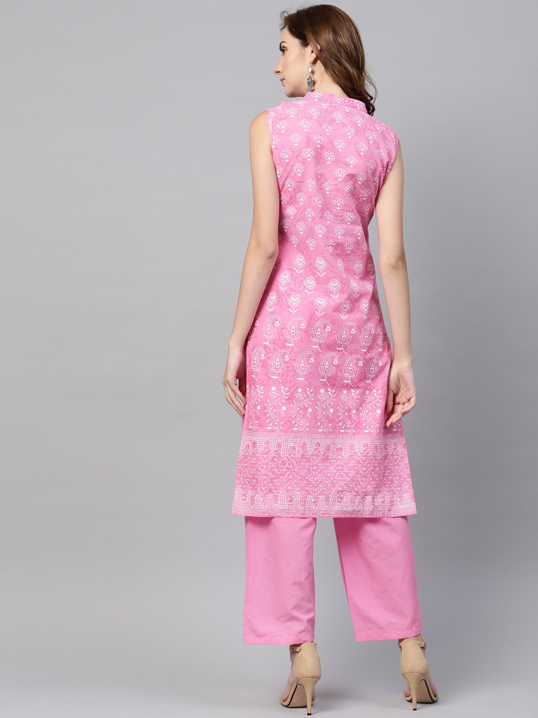 Women's Pink Printed Sleeveless Kurta Set With Solid Pants - Nayo Clothing