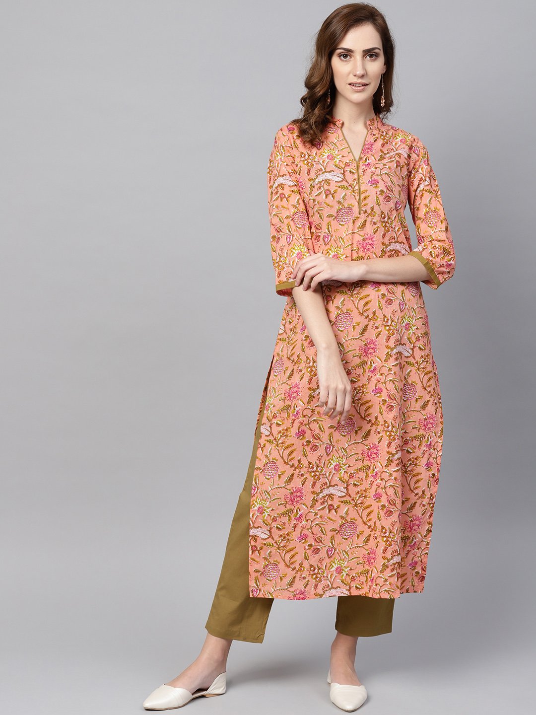 Women's Peach Floral Printed Kurta With Solid Olive Green Pants - Nayo Clothing