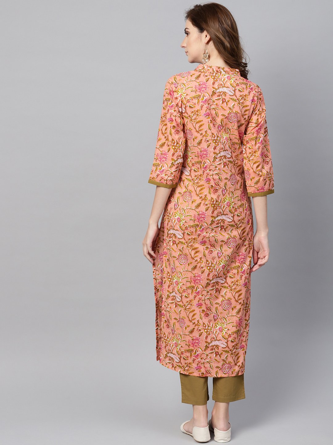 Women's Peach Floral Printed Kurta With Solid Olive Green Pants - Nayo Clothing