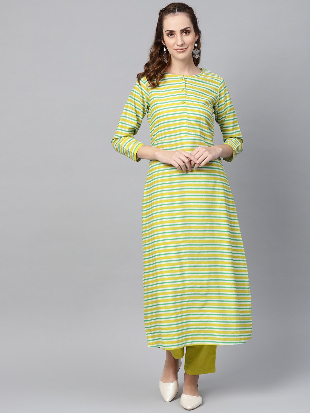 Women's Green Stripped 3/4Th Sleeve Kurta Set With Solid Pants - Nayo Clothing