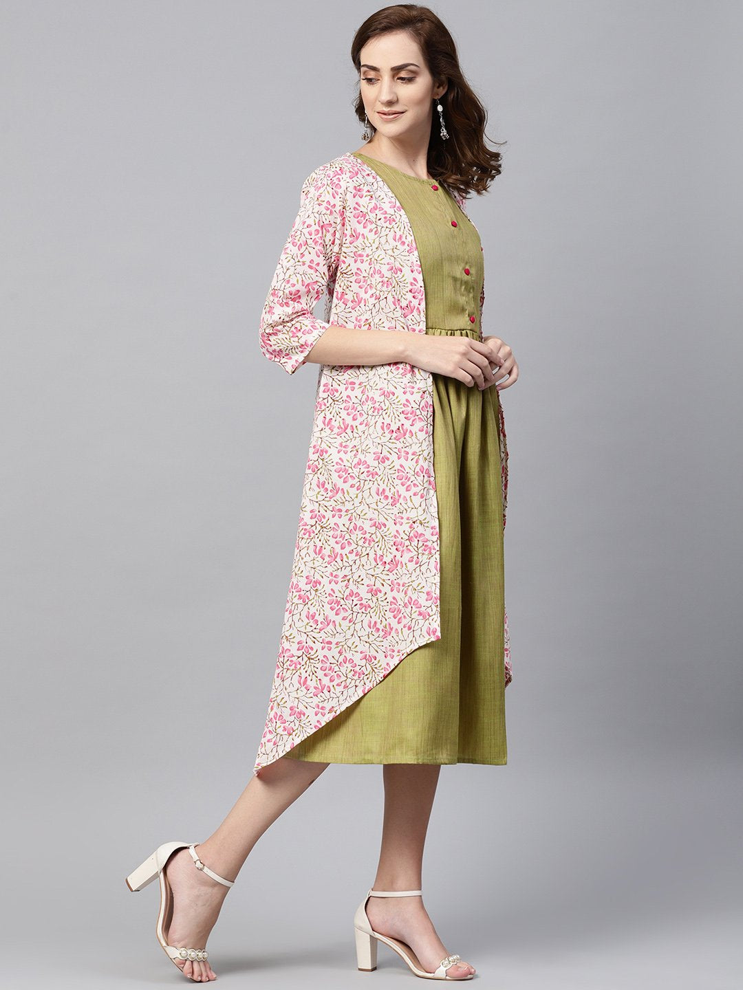 Women's Olive Green A-Line Dress With White Floral Printed Jacket - Nayo Clothing