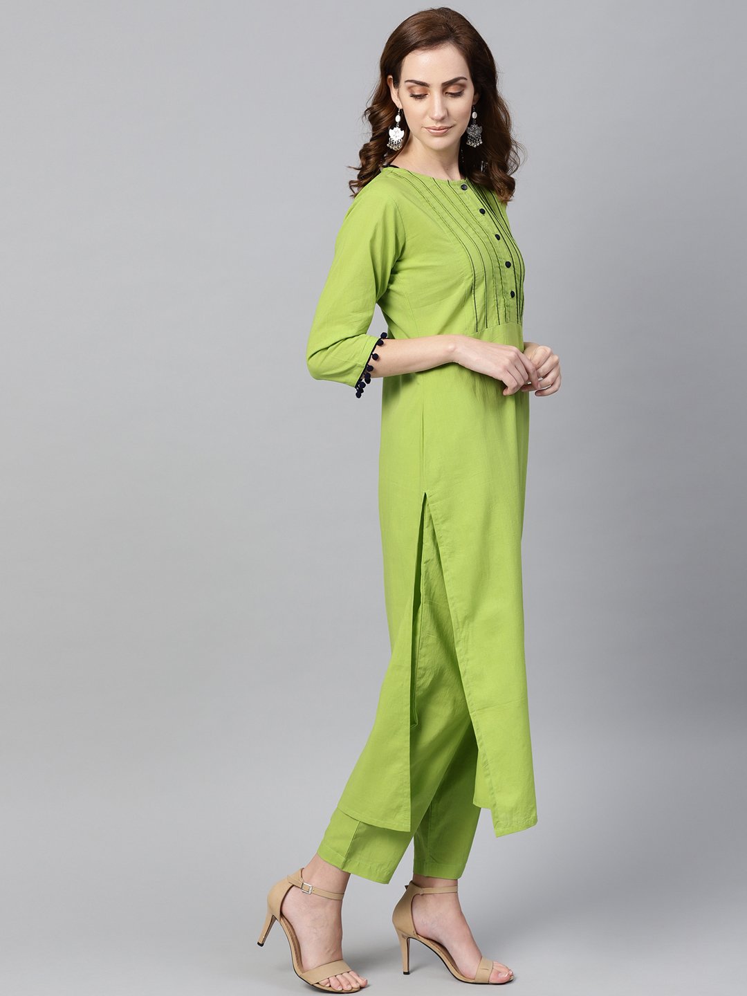 Women's Lime Green Kurta Set With Pants & Mul Printed Dupatta - Nayo Clothing