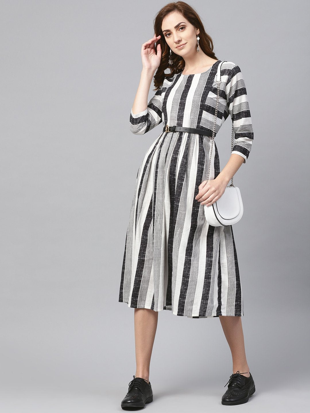 Women's Black & Wihte Stripped Dress With Round Neck & 3/4 Sleeves - Nayo Clothing