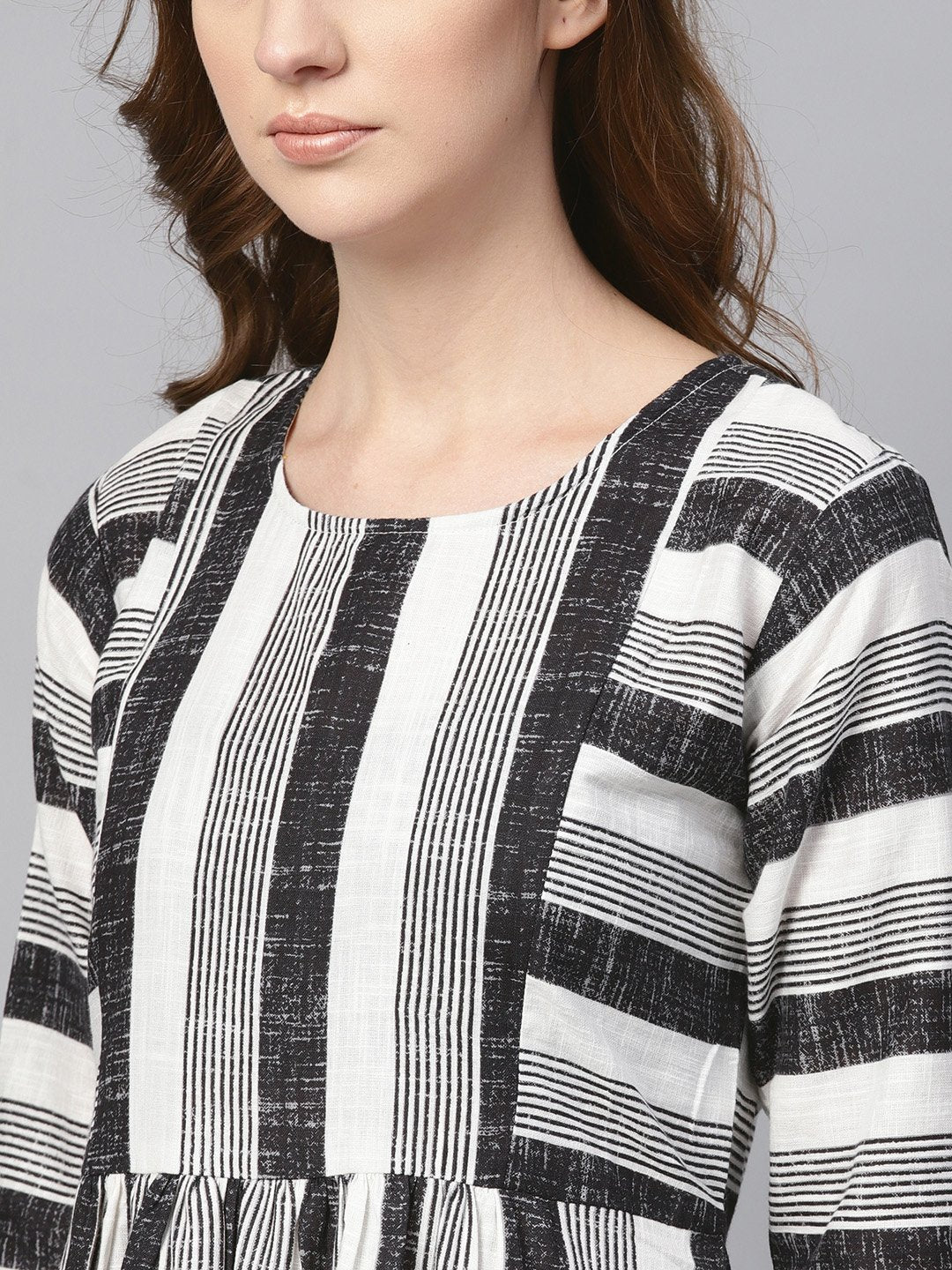 Women's Black & Wihte Stripped Dress With Round Neck & 3/4 Sleeves - Nayo Clothing