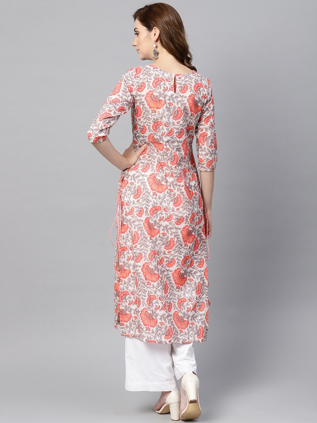 Women's White & Coral Pink Floral Print Straight Kurta - Nayo Clothing